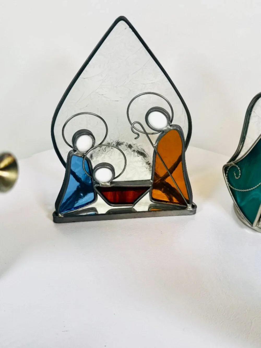 Vtg Stained Glass Angels & Nativity Tealight Candle holder 5.5